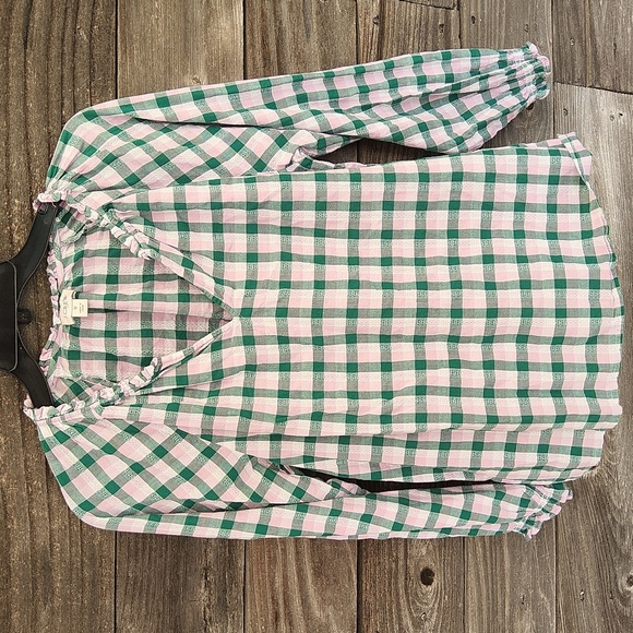 J Crew Factory Green and Pink Checkered Blouse Size Small - Picture 1 of 9